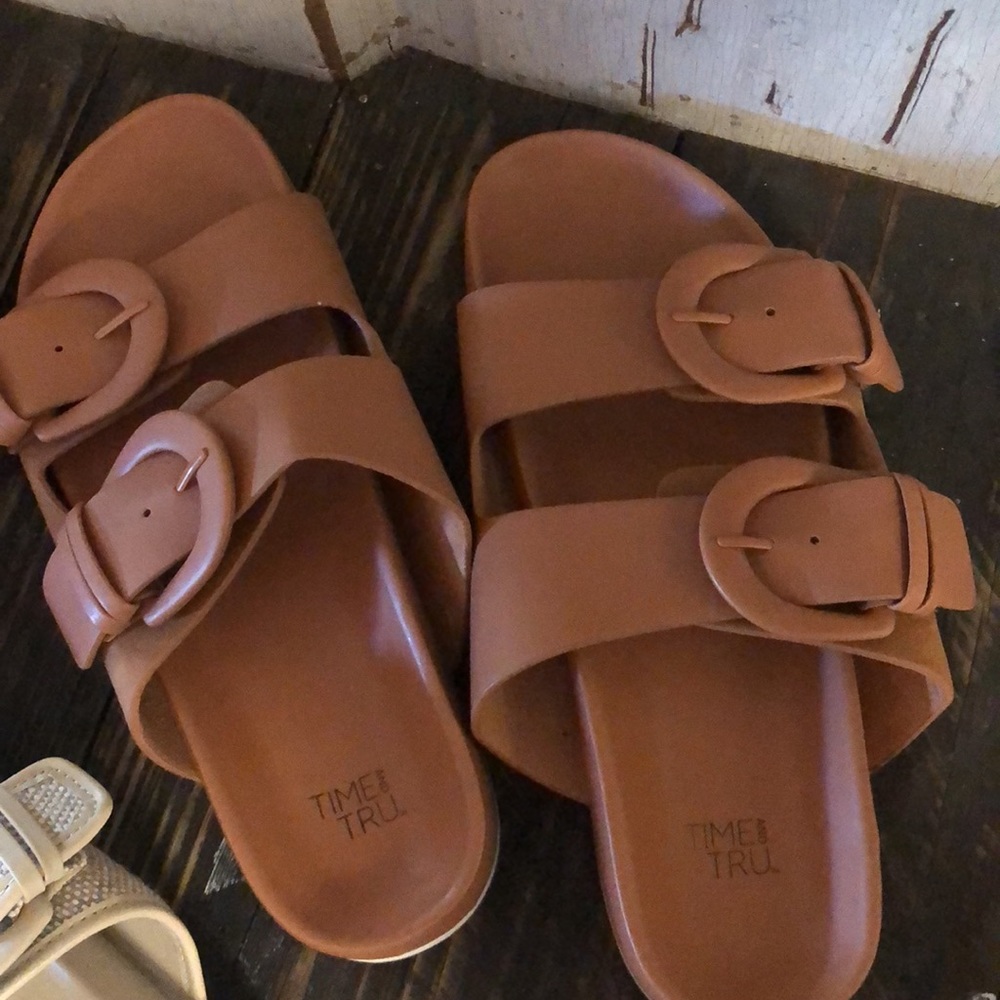 Time and Tru slip on sandal buckle cream brown taupe like new lot of 3 sโฆ - Picture 2 of 16